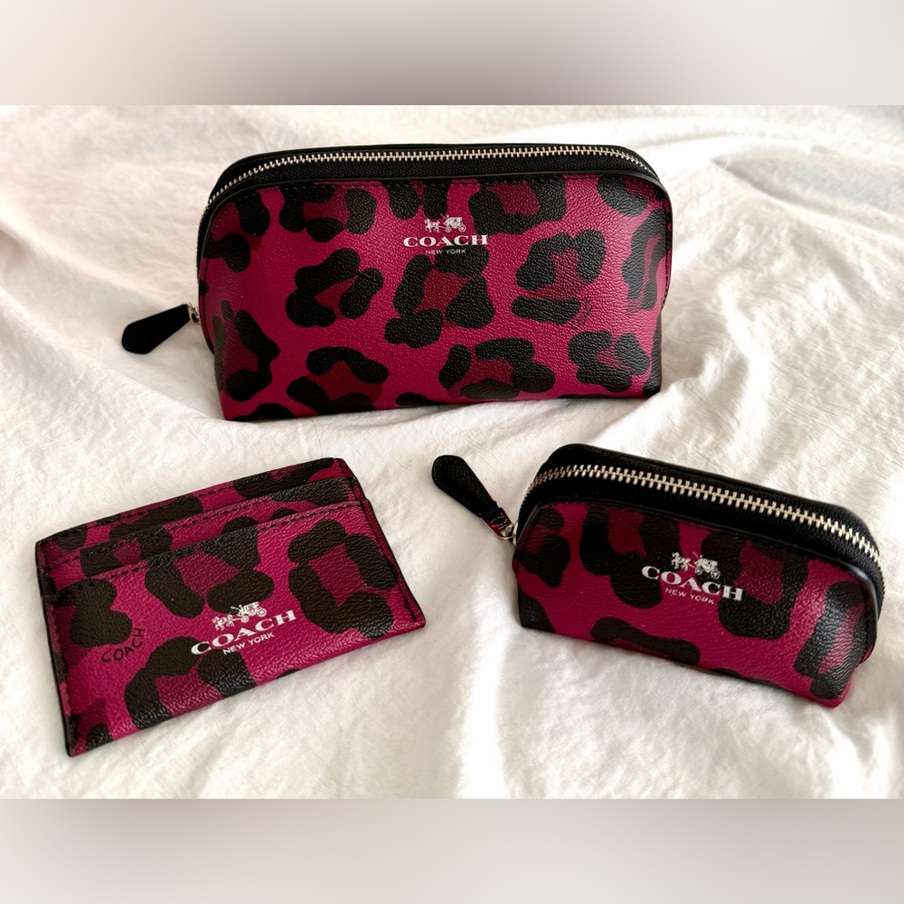 👑✅PRICE FIRM✅ Coach Leather Fuchsia Leopard Print Accessory RARE Trio🔥🔥🔥 - Picture 15 of 16